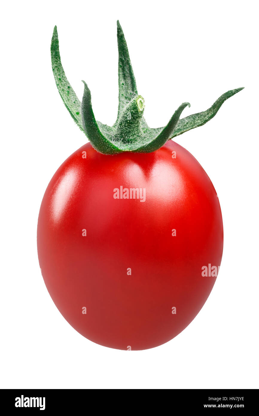 La ciliegia o uva pomodoro cocktail con sepalo (Solanum Lycopersicum). Percorso di clipping, shadowless Foto Stock