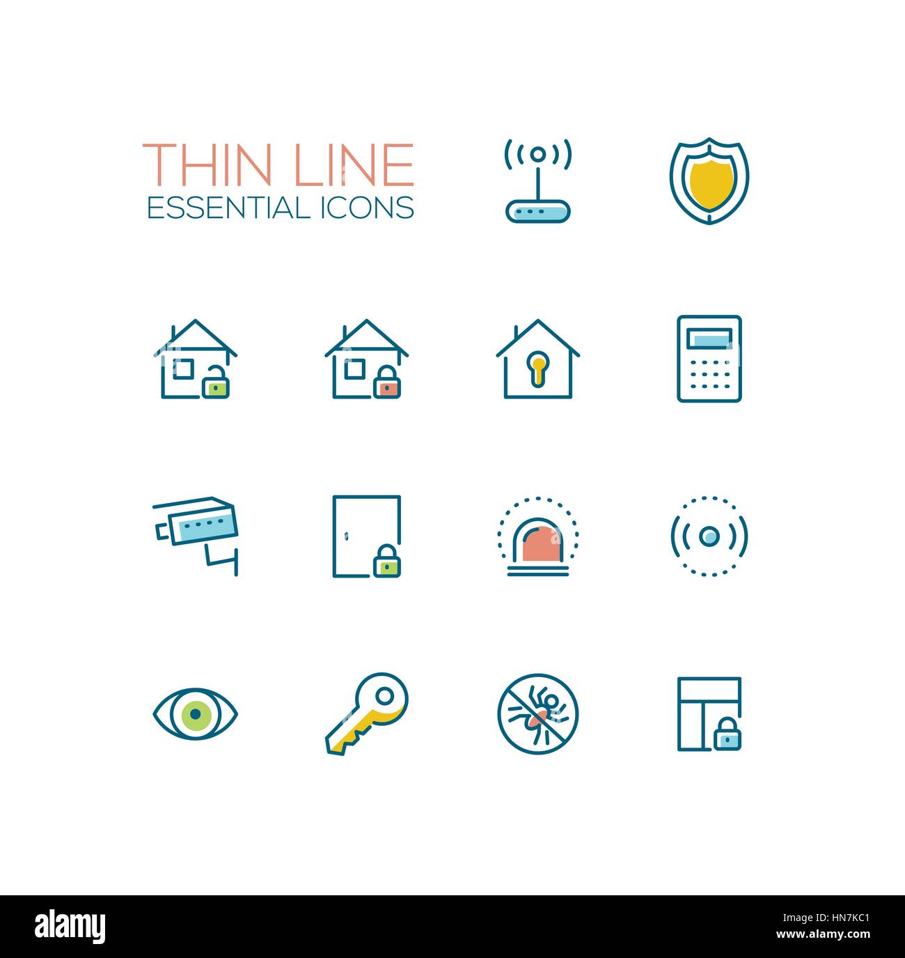 Casa Sicurezza - Sottile linea singolo set di icone Illustrazione Vettoriale