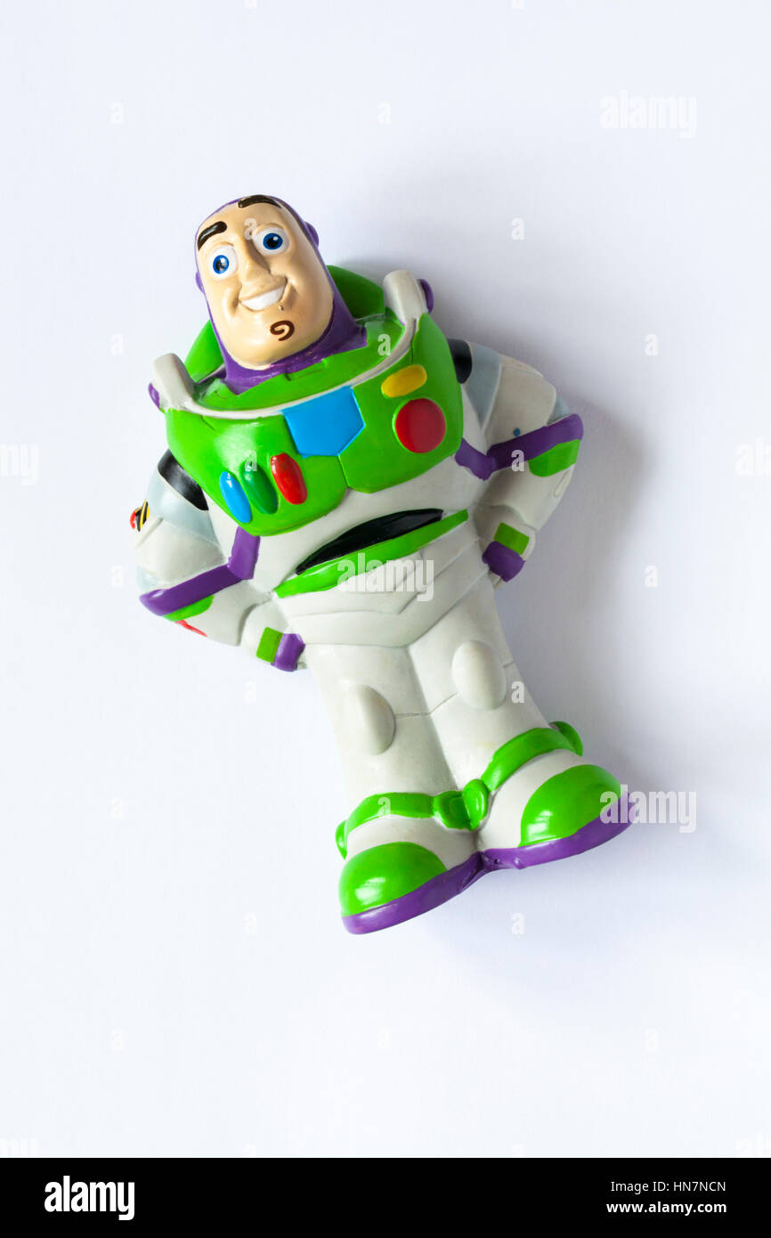 Buzz Lightyear giocattolo di Toy Story isolati su sfondo bianco Foto Stock