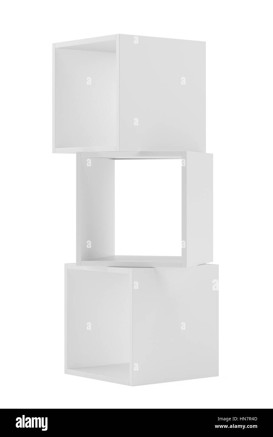 Box bianco ripiani. 3D rendering in background. Foto Stock