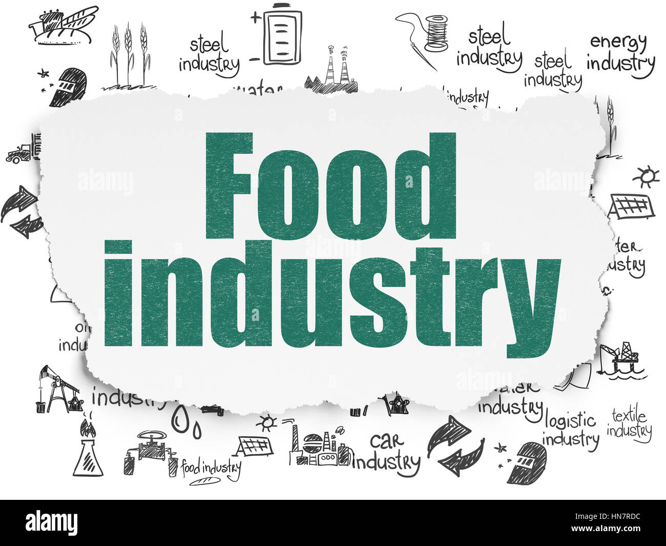 Realizzati concetto: verniciato di verde testo Industria Alimentare sulla carta strappata con sfondo disegnato a mano le icone del settore Foto Stock