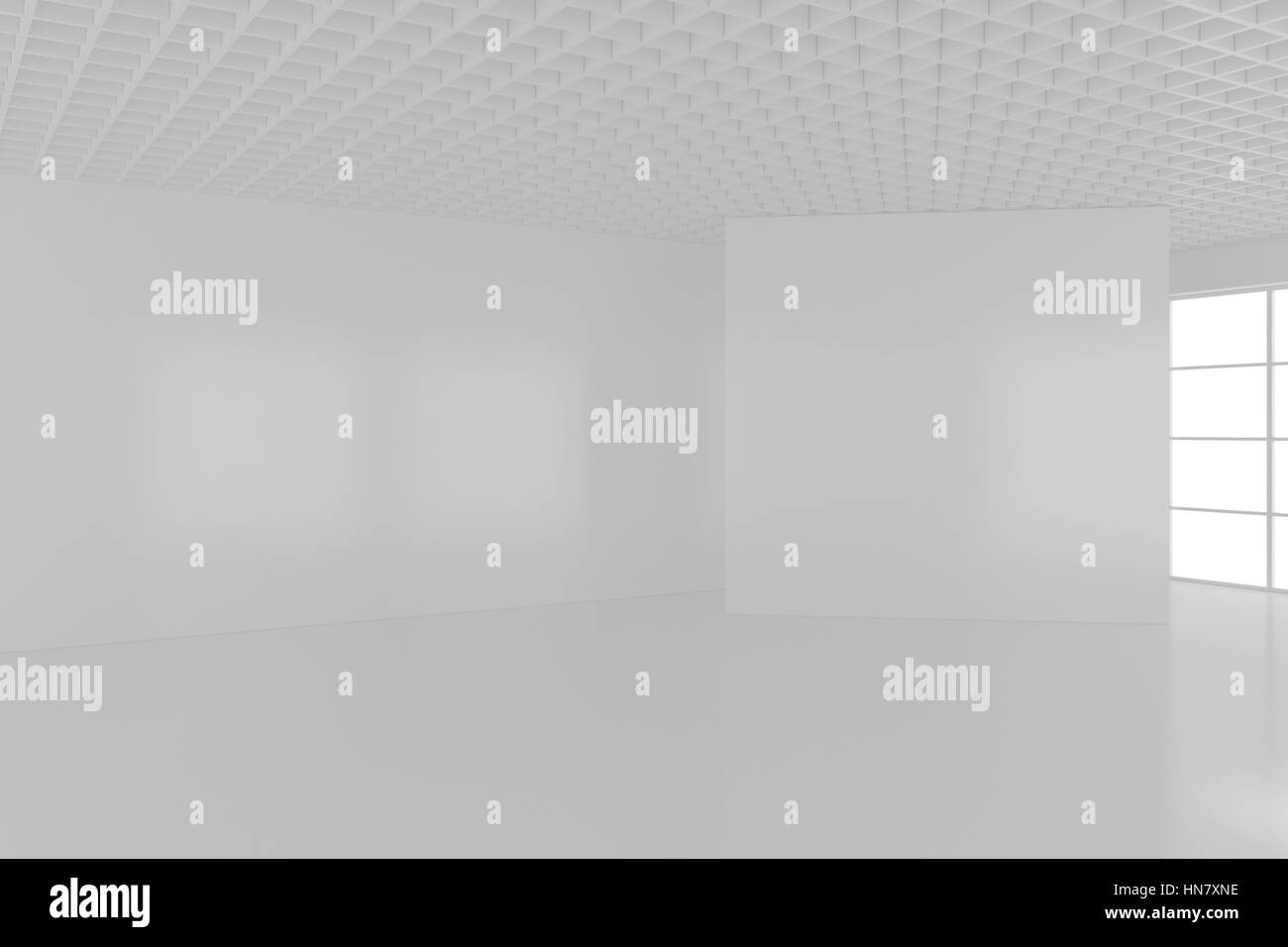 Schermata bianca vuota billboard in stanza vuota con grandi finestre, mock up, rendering 3D Foto Stock