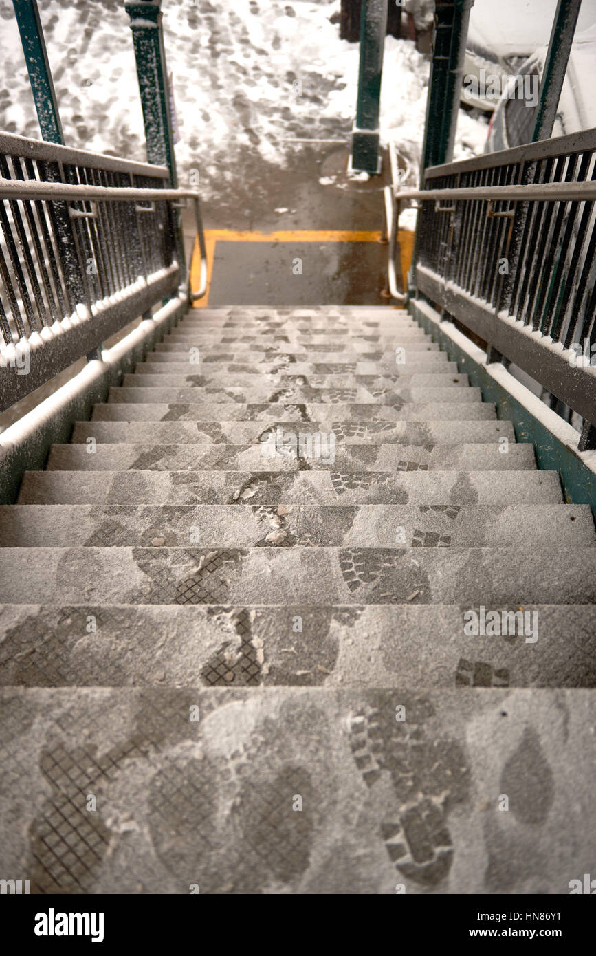 Brooklyn, New York City, Stati Uniti d'America. Il 9 febbraio, 2017. D treno stazione della metropolitana scale in Bensonhurst Brooklyn coperto di neve il 9 febbraio 2017. Credito: Jimmy Qiu/Alamy Live News Foto Stock