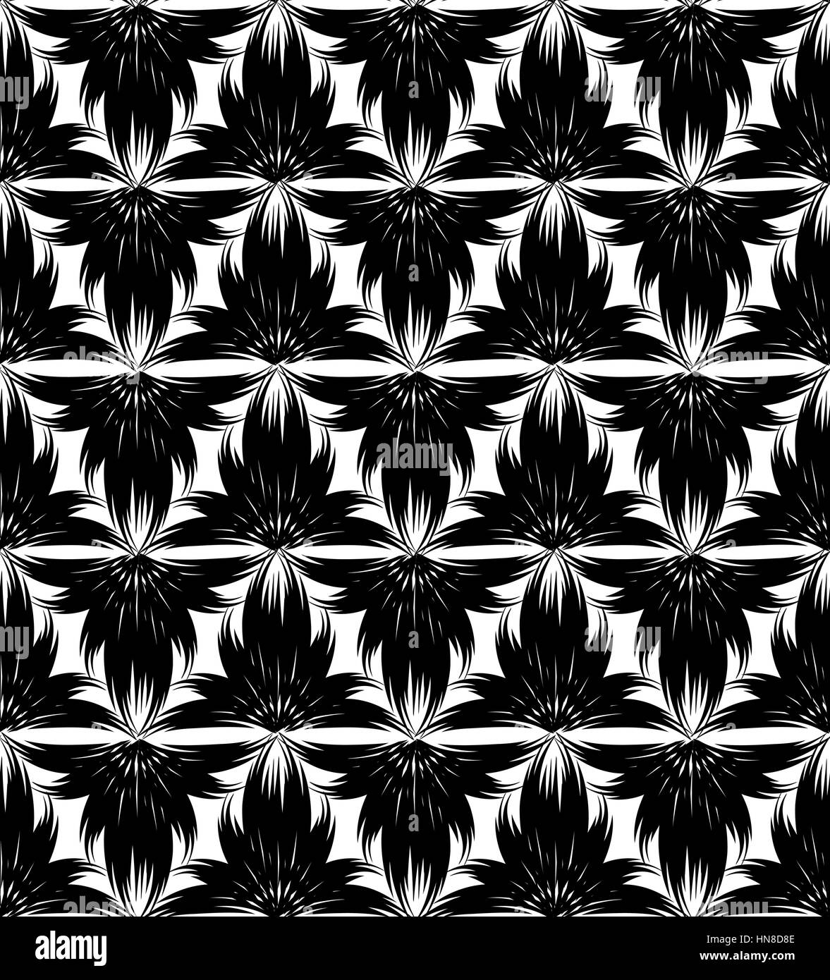 Abstract floral seamless pattern con il bianco e nero ornamento di linea geometrica di turbolenza doodle texture. ornamentali in onda effetto ottico dello sfondo. Illustrazione Vettoriale