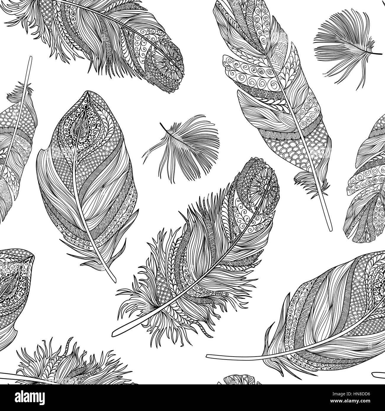 Feather seamless pattern. vettore piume su uno sfondo bianco. vintage tribali collezione piuma. serie di doodle giù. Illustrazione Vettoriale