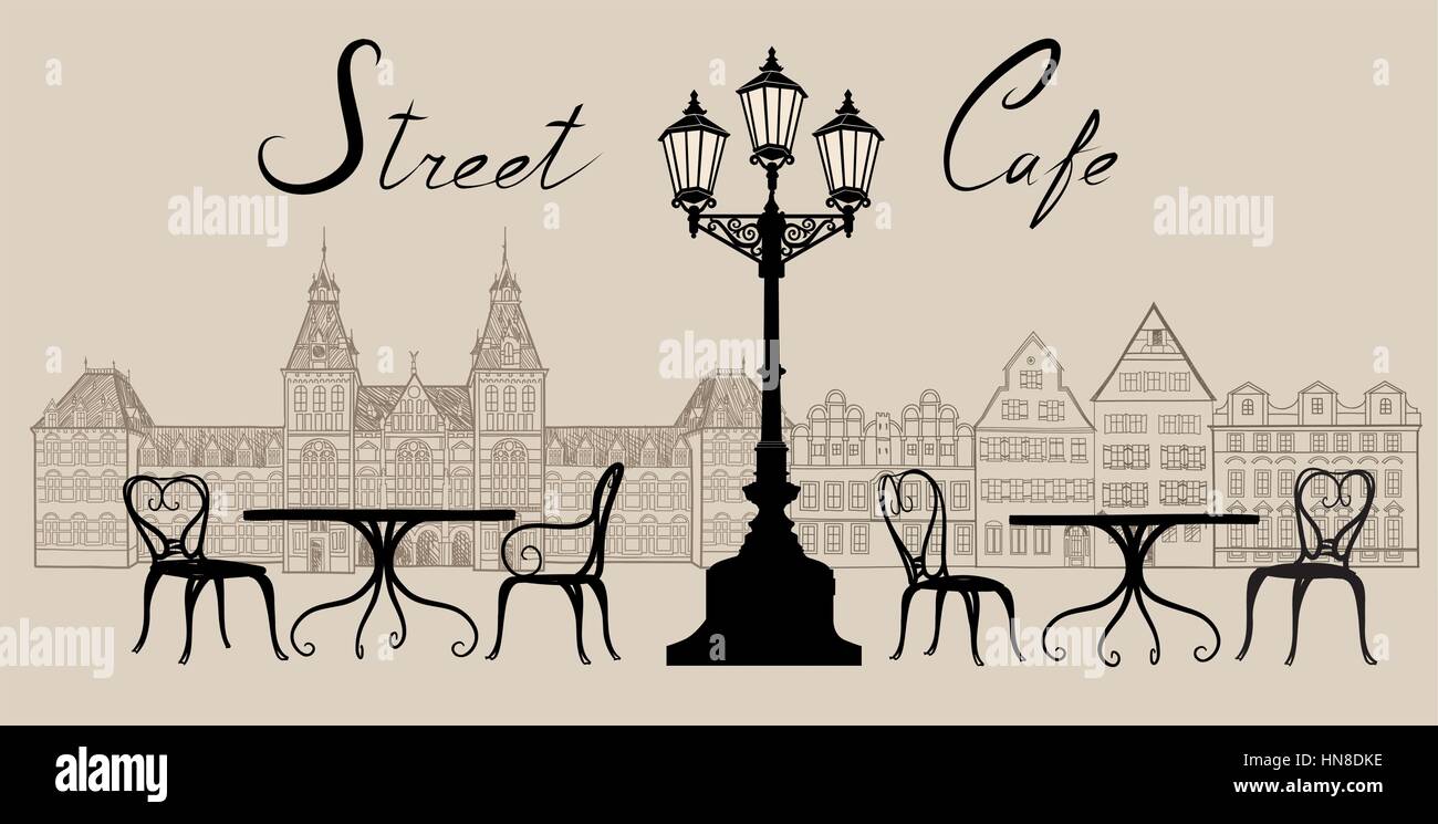 Street cafe nella città vecchia illustrazione grafica. vecchio cown viste e street cafe. ore pranzo lungo una vienna viale acciottolato Illustrazione Vettoriale