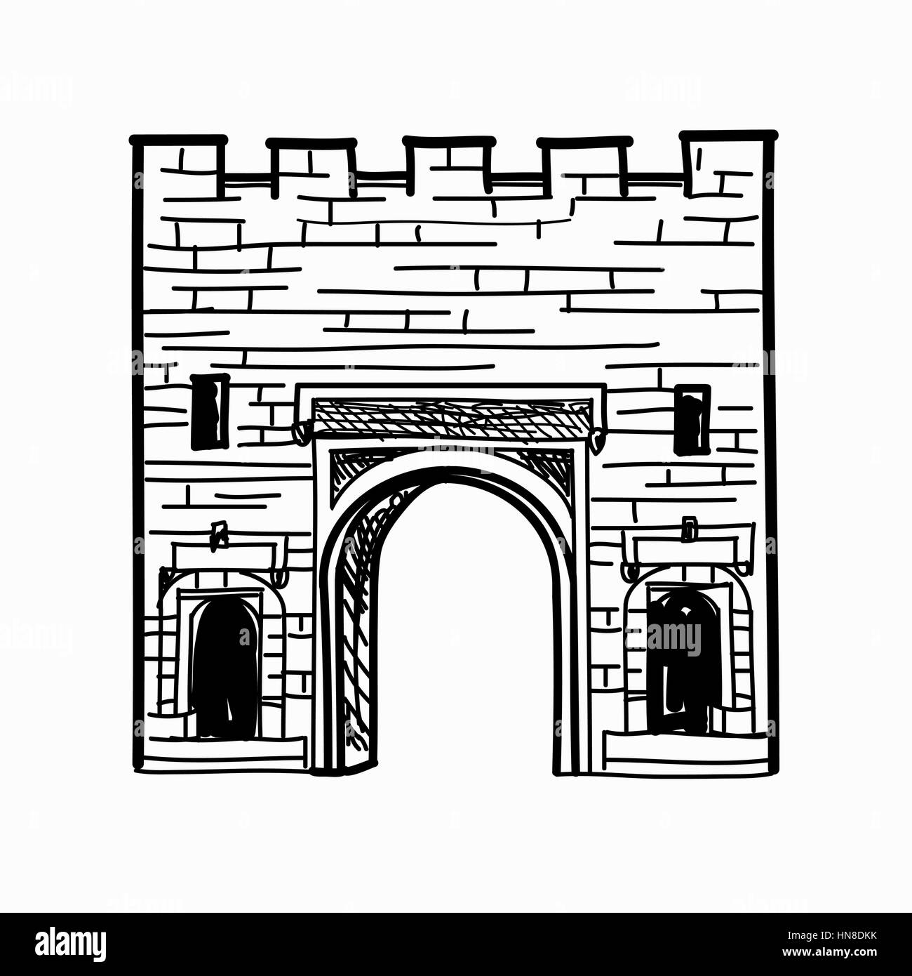 Porte ad arco nel muro di fortificazione porta al castello storico progetto architettonico Illustrazione Vettoriale