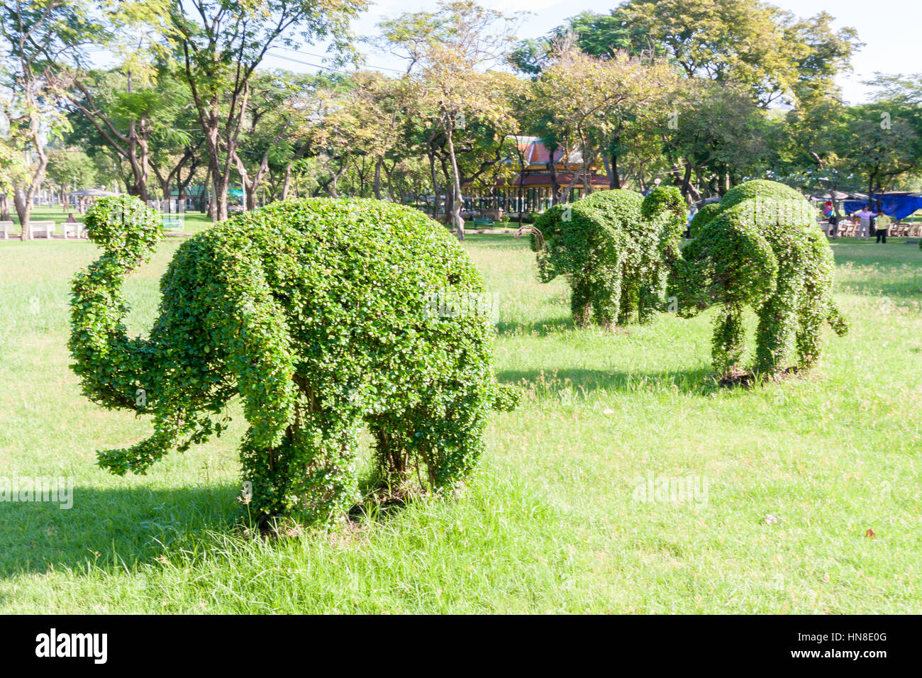 Topiaria da elefanti nel Parco Lumphinee, Bangkok, Thailandia Foto Stock