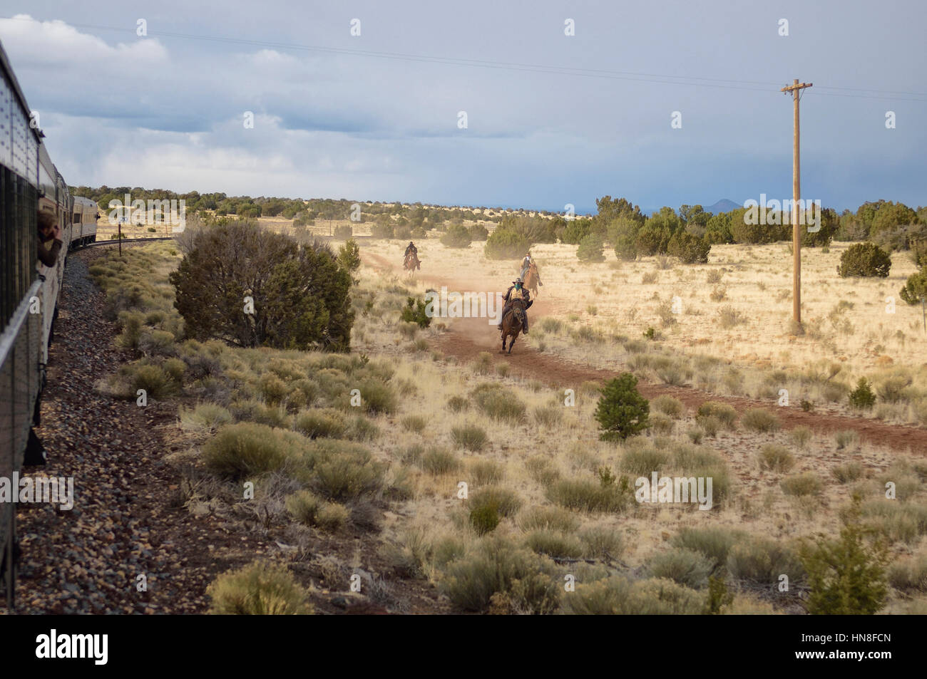 Treno rapinatore che attacca il Grand Canyon Railway. In Arizona. Stati Uniti d'America Foto Stock