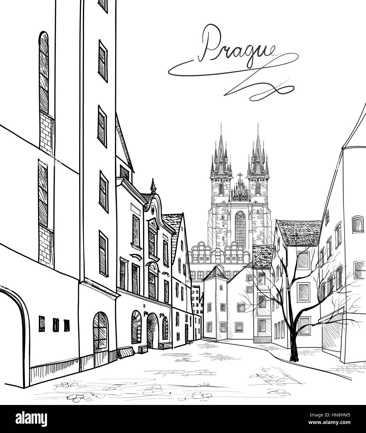 La città vecchia di Praga, Repubblica ceca. strada pedonale nella vecchia città europea con torre sullo sfondo. Città storica street. Viaggiare Praga bakcg Illustrazione Vettoriale