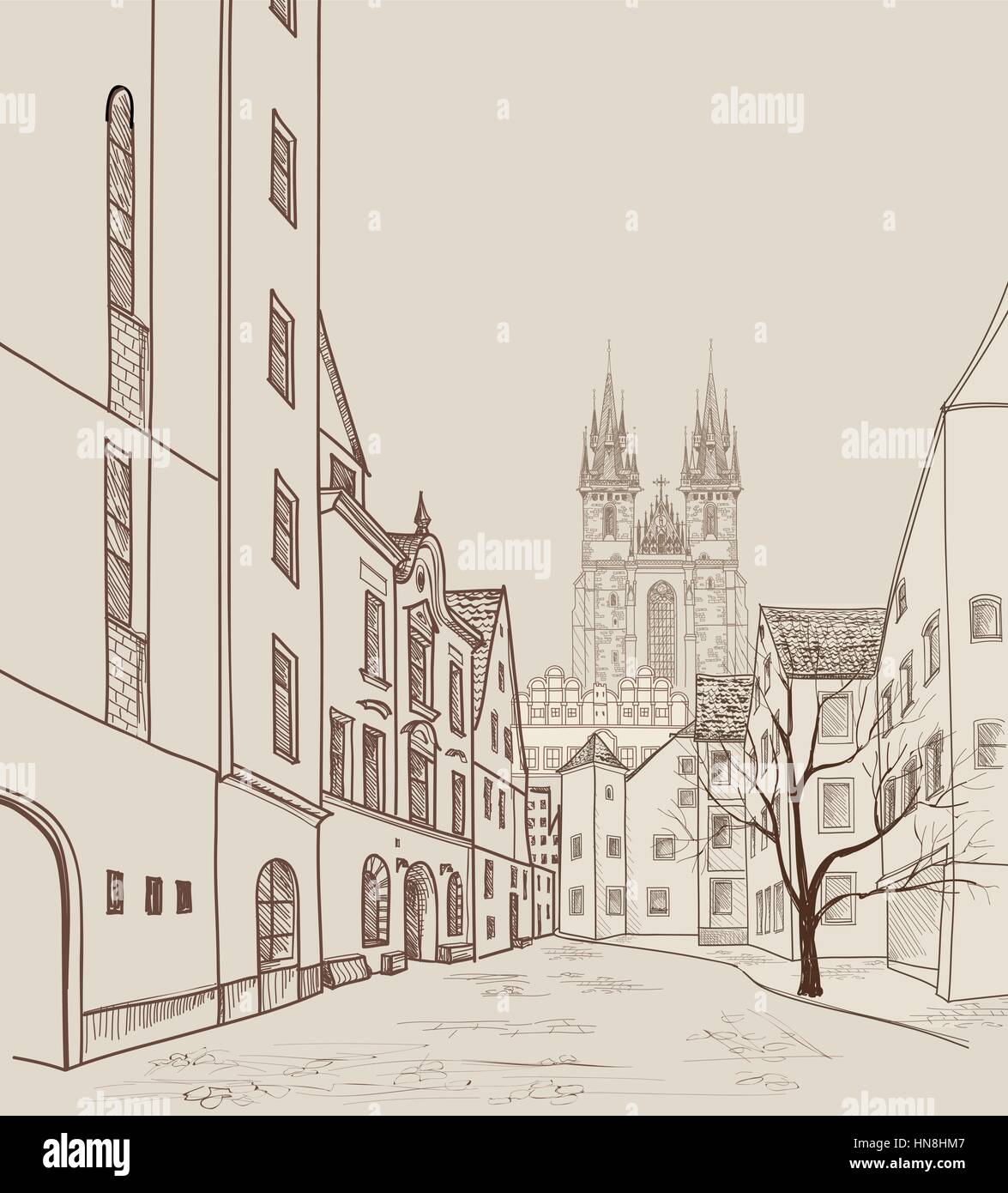 La città vecchia di Praga, Repubblica ceca. strada pedonale nella vecchia città europea con torre sullo sfondo. Città storica street. Viaggiare Praga bakcg Illustrazione Vettoriale