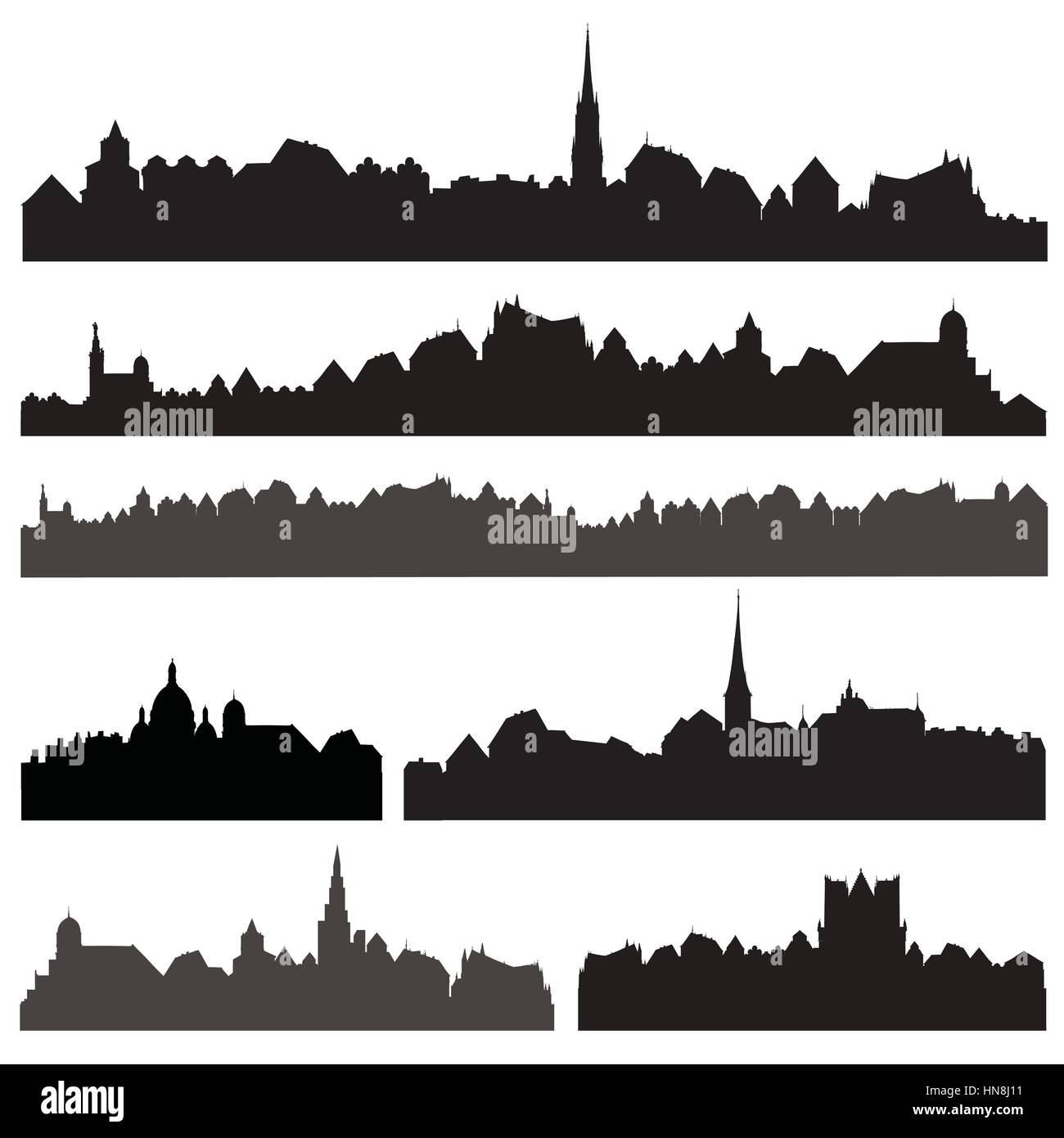 Città silhouett set. unione cityscape isolato. skyline set. edifici raccolta di silhouette. Illustrazione Vettoriale