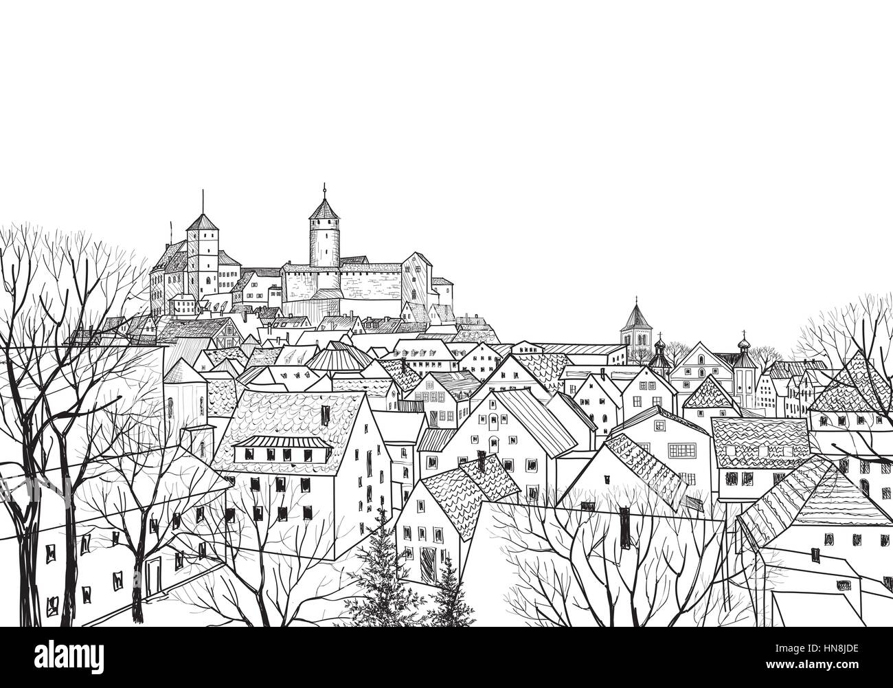 Vista città vecchia medievale. castello europea paesaggio. pensil disegnata disegno vettoriale Illustrazione Vettoriale