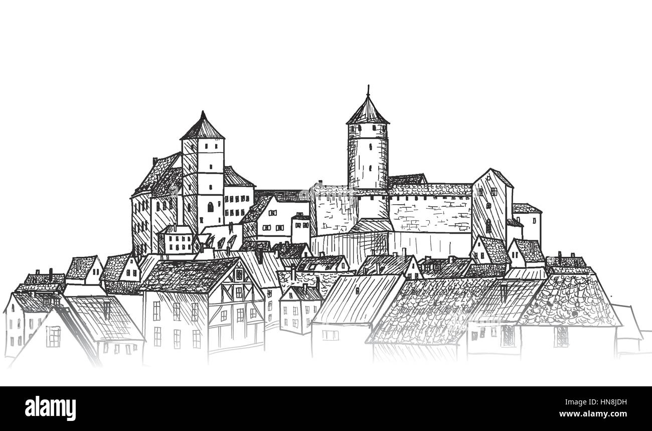 Vista città vecchia medievale. castello europea paesaggio. pensil disegnata disegno vettoriale Illustrazione Vettoriale