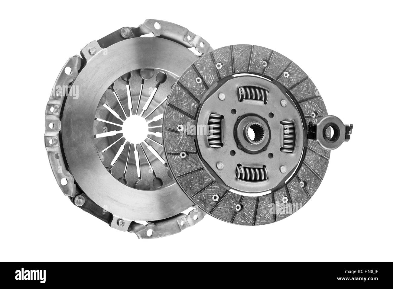 Il kit della frizione con un cuscinetto su sfondo bianco Foto Stock