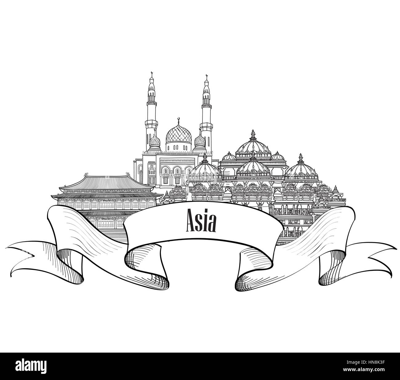 Viaggiare in Asia etichetta. famosi edifici e punti di riferimento. Asian città capitale emblema. Illustrazione Vettoriale
