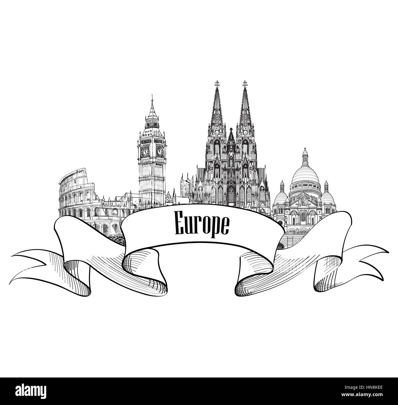 Viaggia in Europa etichetta. famosi edifici e punti di riferimento. capitale europea emblema. Illustrazione Vettoriale
