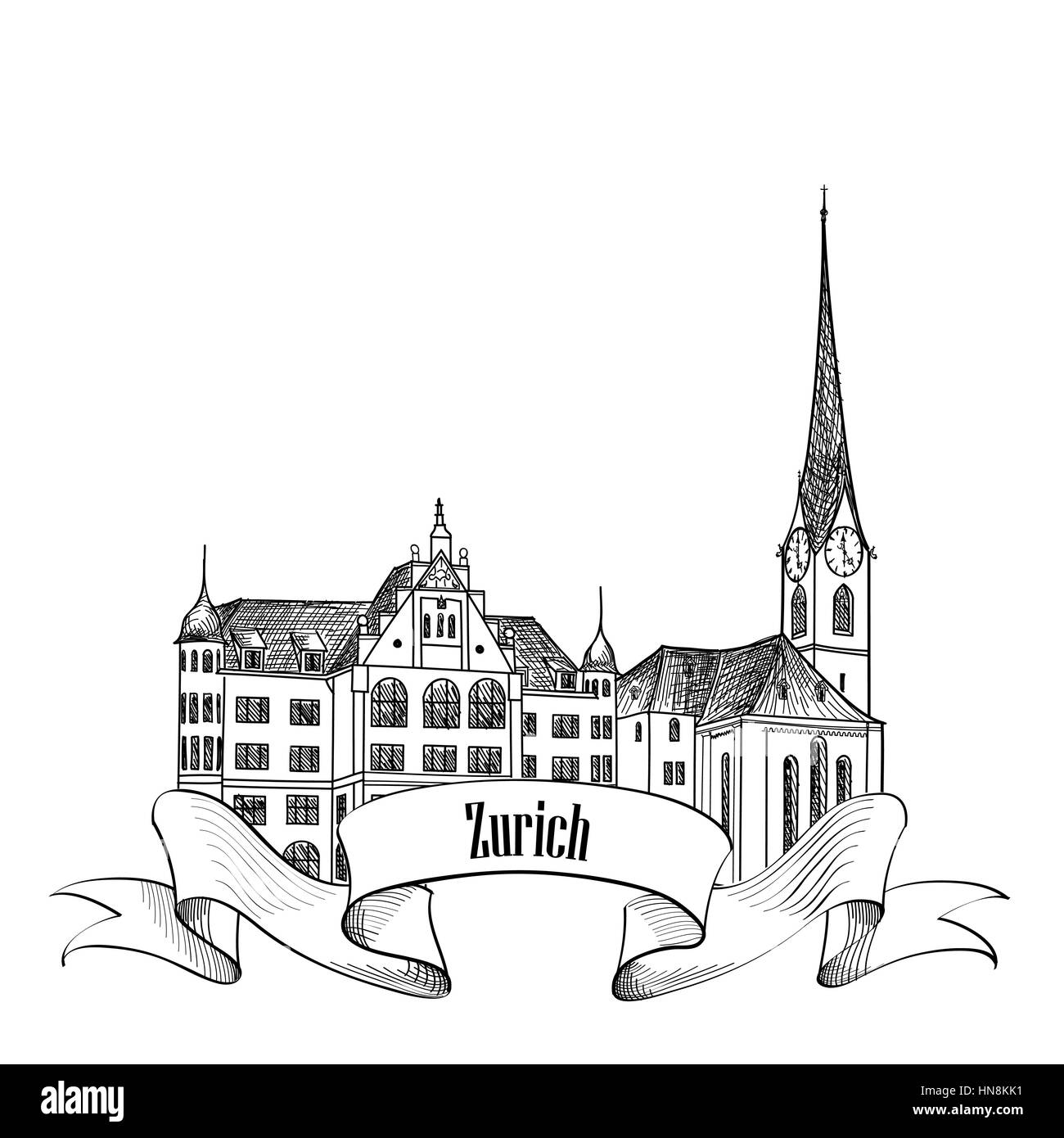 Zurigo. Punto di riferimento della città etichetta. simbolo della capitale della Svizzera. Illustrazione Vettoriale