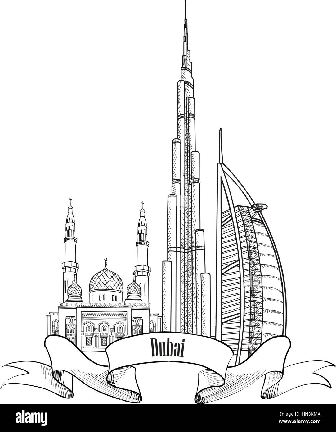 Viaggio simbolo degli emirati arabi uniti. dubai city etichetta. Illustrazione Vettoriale