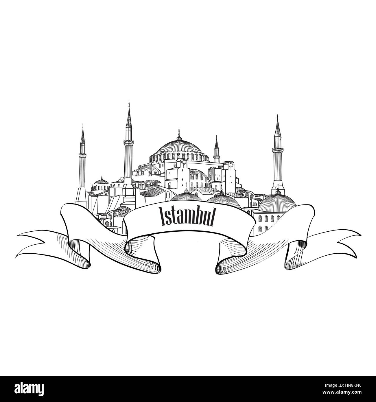 Etichetta di Istanbul. viaggio simbolo turey. disegnati a mano landmark Hagia Sophia. Illustrazione Vettoriale