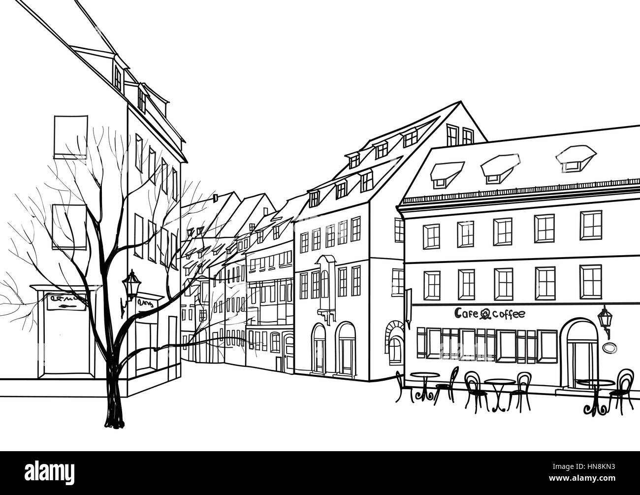 Street cafe nella città vecchia. cityscape - case, edifici e albero su alleway. Illustrazione Vettoriale