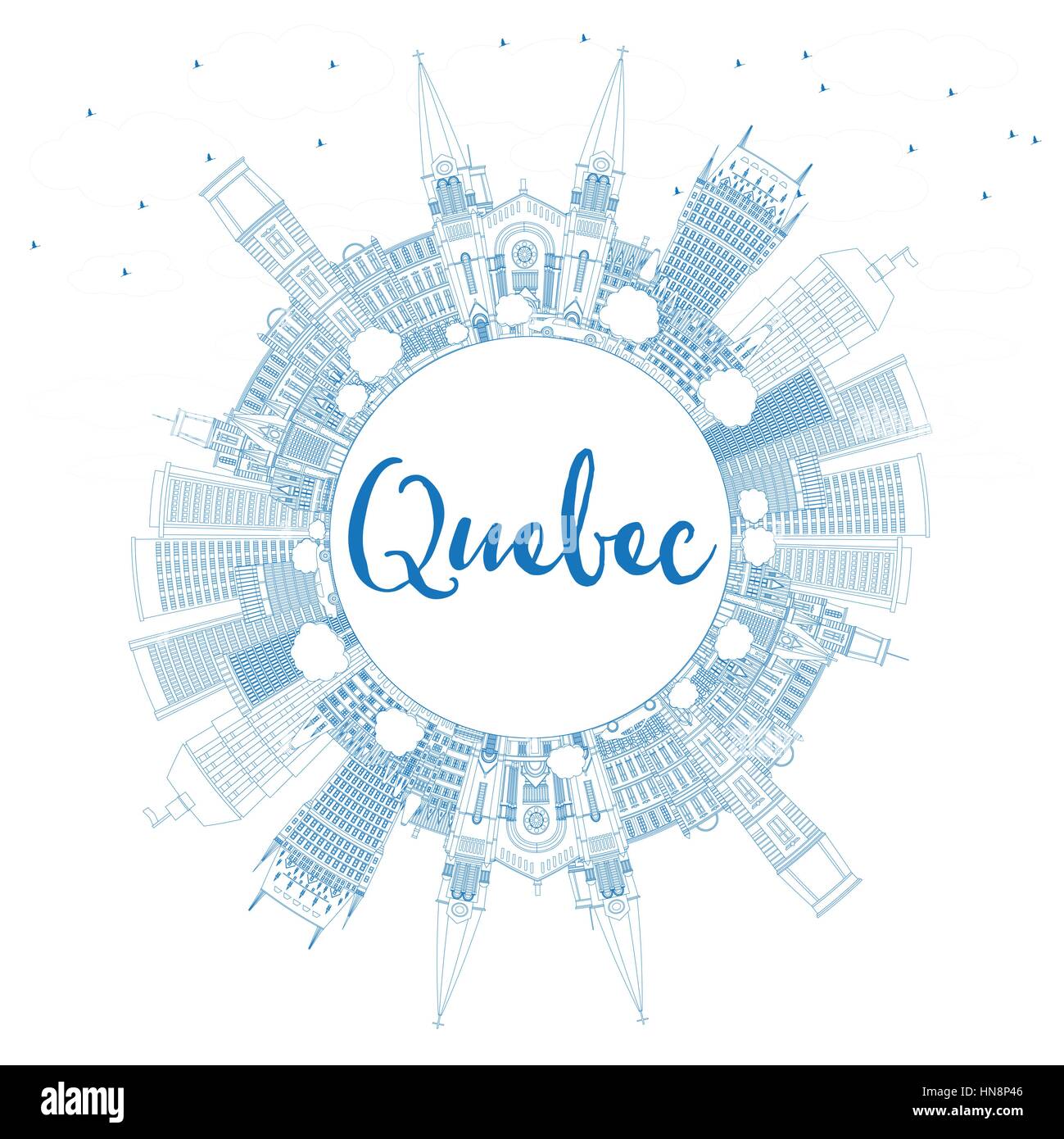 Delineare il Quebec Skyline con edifici blu e copia di spazio. Illustrazione Vettoriale. Viaggi di affari e di turismo con il concetto di architettura storica. Immagine Illustrazione Vettoriale