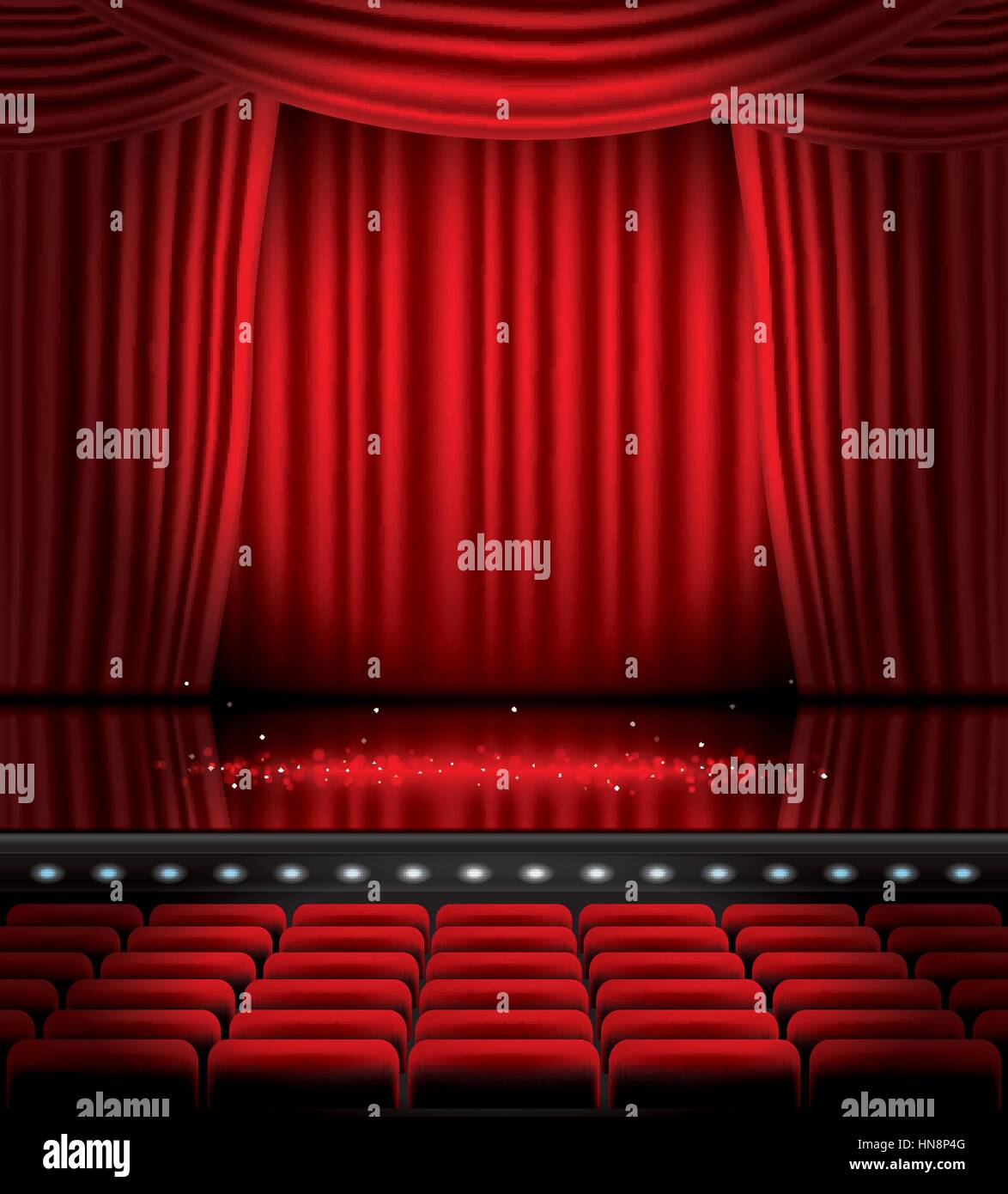 Aprire tende rosse con posti a sedere e uno spazio di copia. Illustrazione Vettoriale. Teatro, Opera o il Cinema scena. Luce su un pavimento. Illustrazione Vettoriale