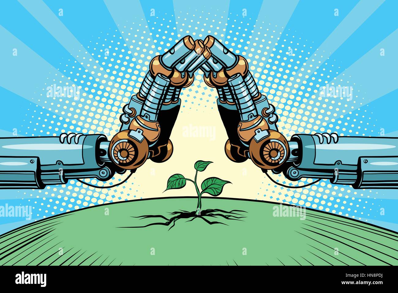 Il braccio di robot proteggere germoglio verde, la tecnologia ambientale e la natura. La Pop art retrò vettore illustrazione vintage. La giornata della terra e la politica ecologica Illustrazione Vettoriale