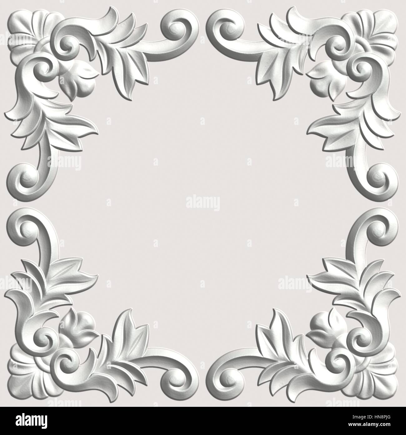 3d swirl floral background di lusso ornamento decorativo cornice bianca. Foto Stock