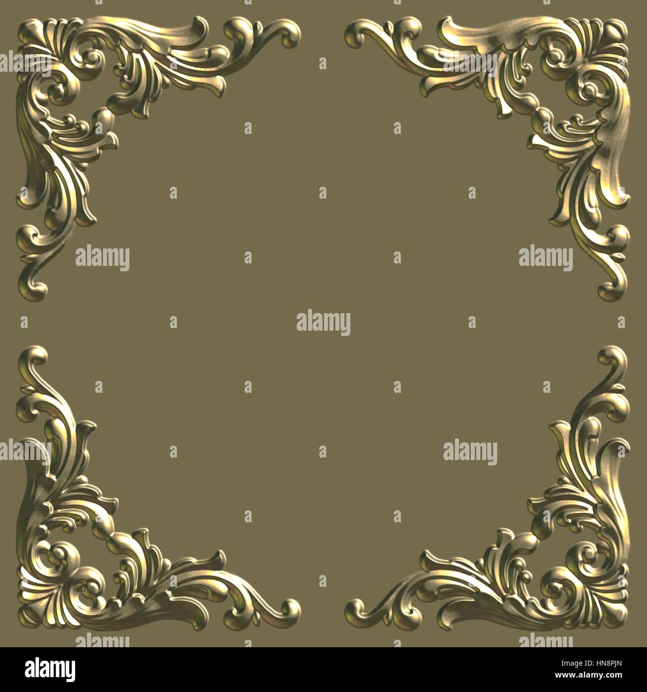 3d swirl floral background di lusso ornamento decorativo cornice dorata. Foto Stock