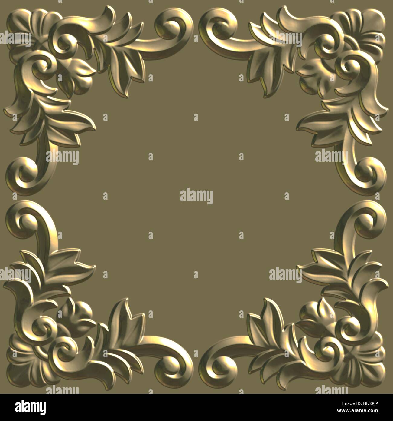 3d swirl floral background di lusso ornamento decorativo cornice dorata. Foto Stock