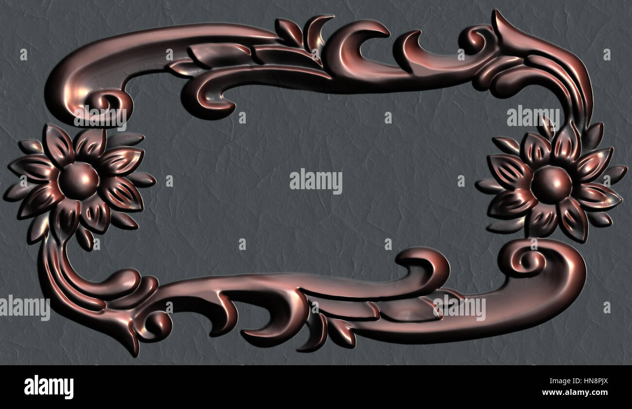 3d swirl floral background di lusso ornamento decorativo per la cornice metallica. Foto Stock