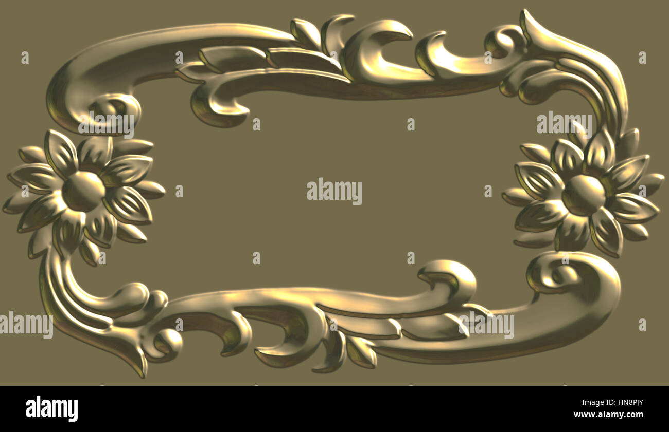 3d swirl floral background di lusso ornamento decorativo cornice dorata. Foto Stock