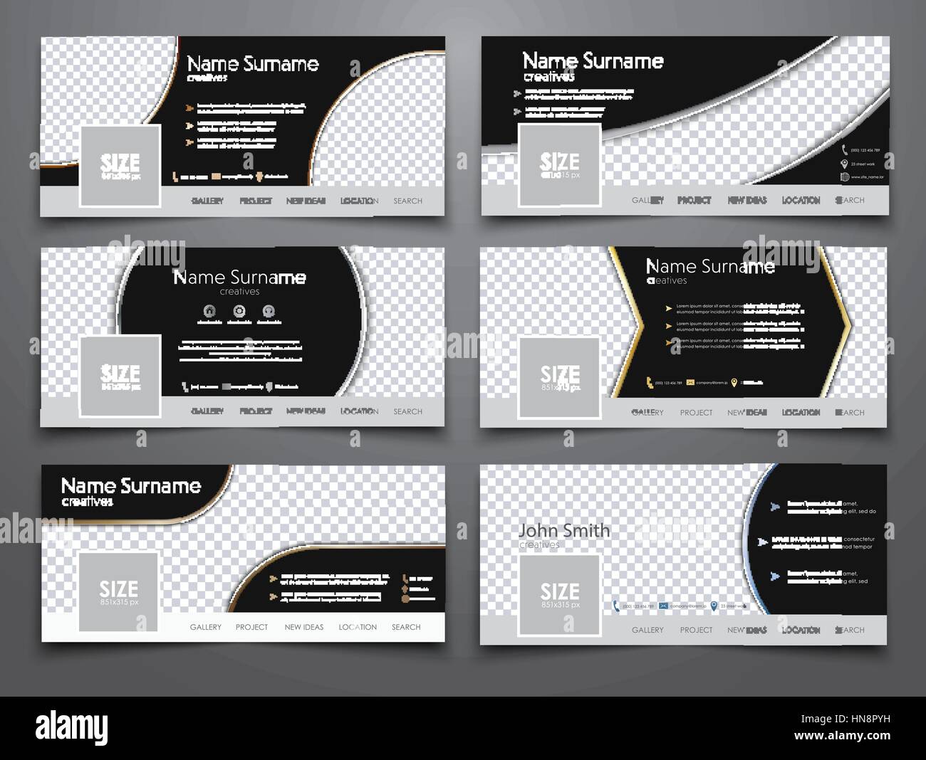 Impostare la dimensione di 851x314 pixel banner per il social network. Modello in nero con diverse forme geometriche e il luogo per le foto. Illustra il vettore Illustrazione Vettoriale