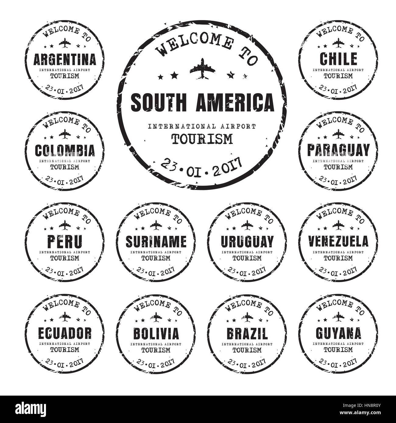 Design del vecchio nero indossato timbri passaporto con il nome dei paesi dell' America del Sud. Segno di modelli per il viaggio e l'aeroporto. Illustrazione Vettoriale Illustrazione Vettoriale