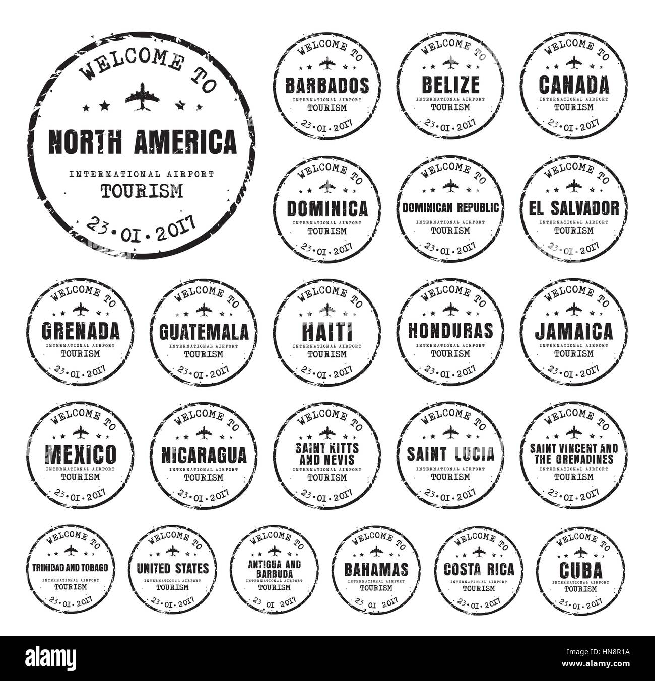 Set di vecchio nero indossato timbri passaporto con il nome dei paesi del Nord America. Segno di modelli per il viaggio e l'aeroporto. Illustrazione Vettoriale Illustrazione Vettoriale
