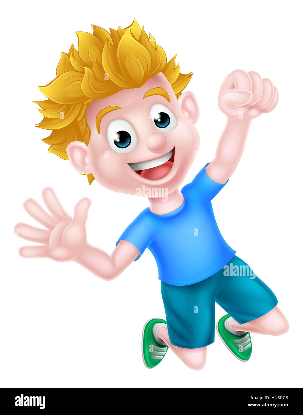 Un felice cartoon boy salti di gioia e con un pugno in aria. Foto Stock
