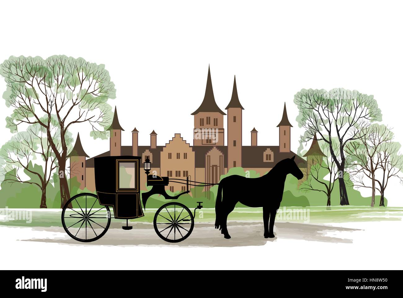 Carrozza a cavallo su old city park sfondo. Illustrazione Vettoriale