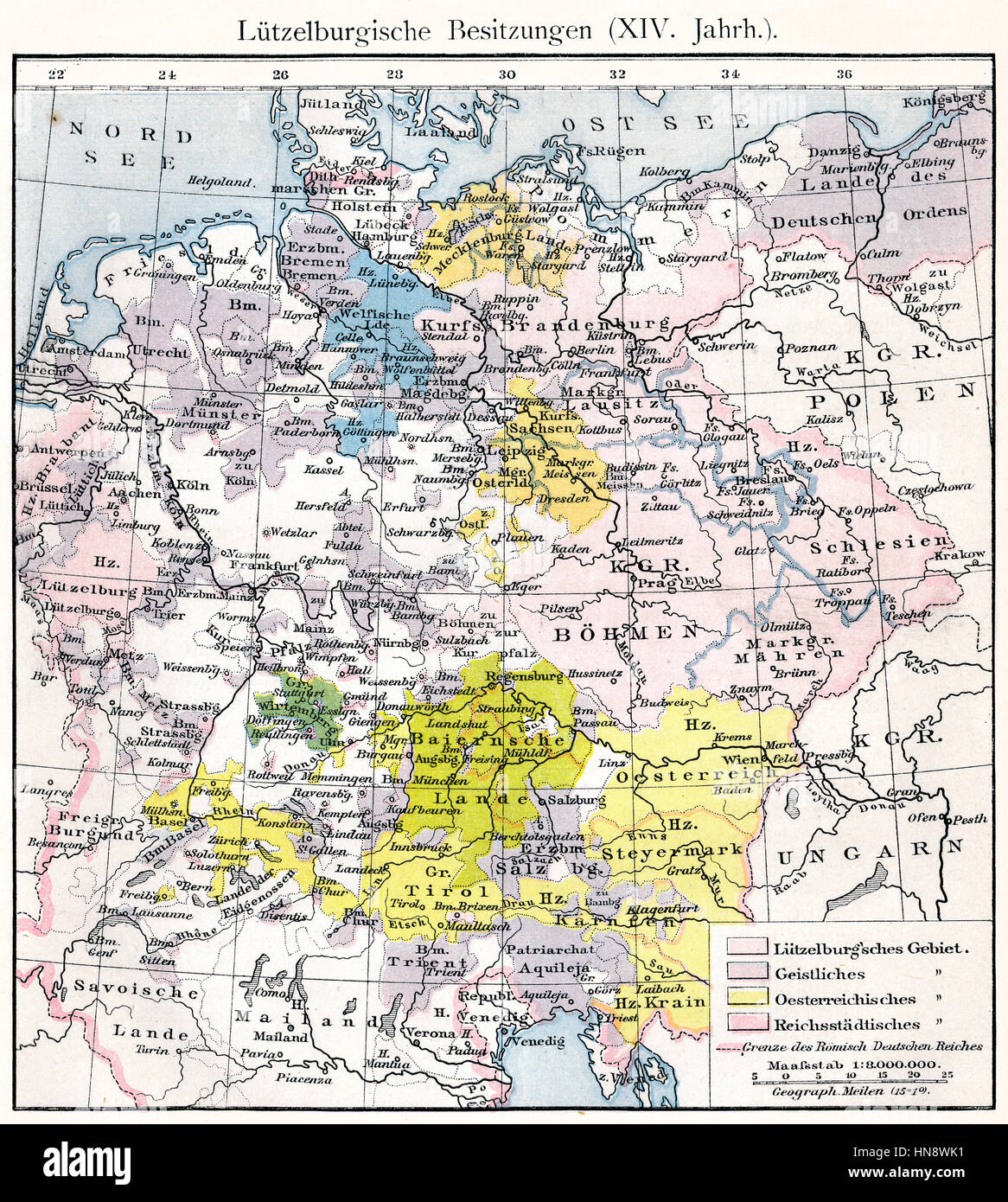 Mappa storica del Sacro Romano Impero sotto Carlo IV, territorio della casa di Lussemburgo, del XIV secolo Foto Stock