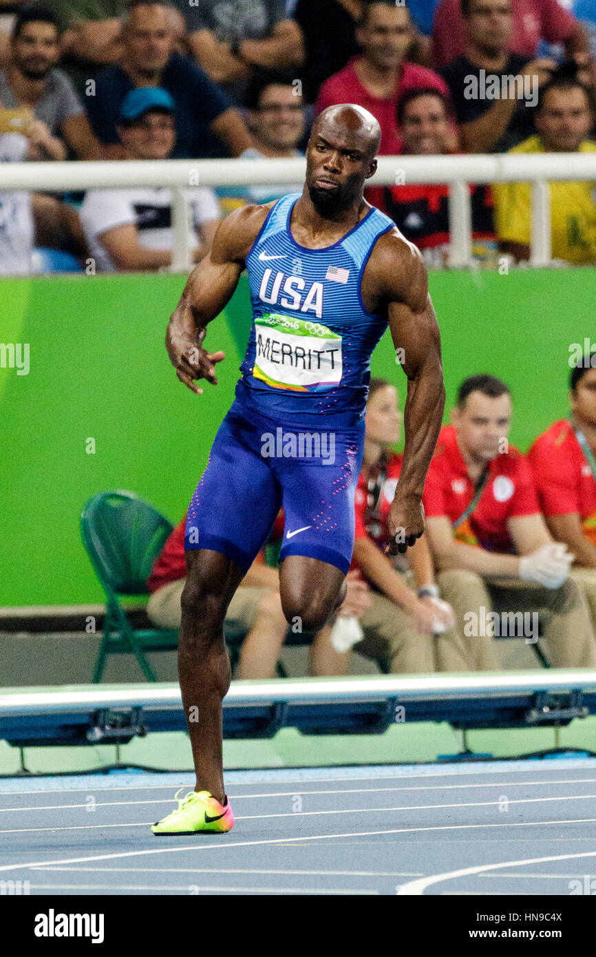 Rio de Janeiro, Brasile. Il 17 agosto 2016. Atletica, Lashawn Merritt (USA) a competere in uomini 200m semifinali al 2016 Olimpiadi estive. © Foto Stock