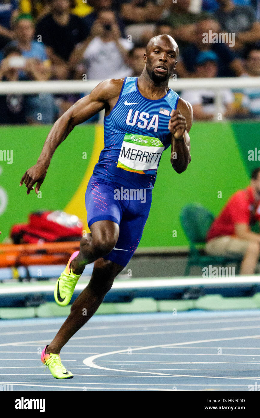 Rio de Janeiro, Brasile. Il 17 agosto 2016. Atletica, Lashawn Merritt (USA) a competere in uomini 200m semifinali al 2016 Olimpiadi estive. © Foto Stock