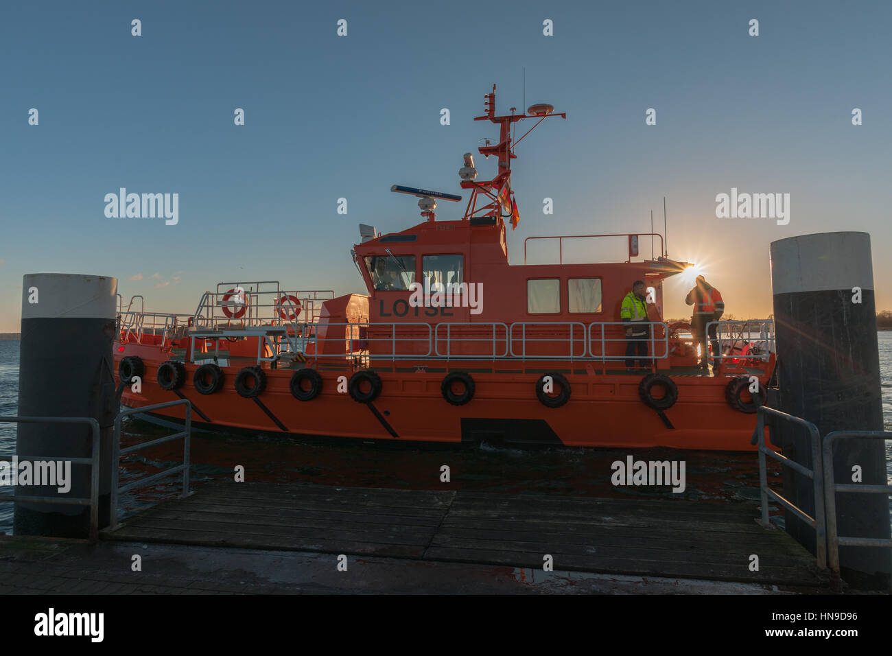 Una fresa pilota in atterraggio a Strande habor, Strande vicino a Kiel, Mar Baltico, Schleswig Holstein, Germania Foto Stock