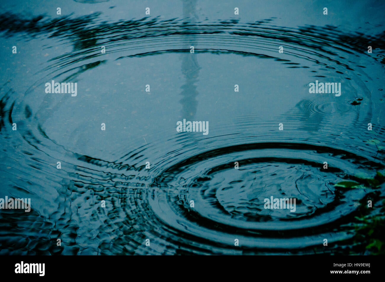 Le gocce di pioggia formano cerchi su pozzanghere di acqua o sulla strada della citta'. Foto Stock