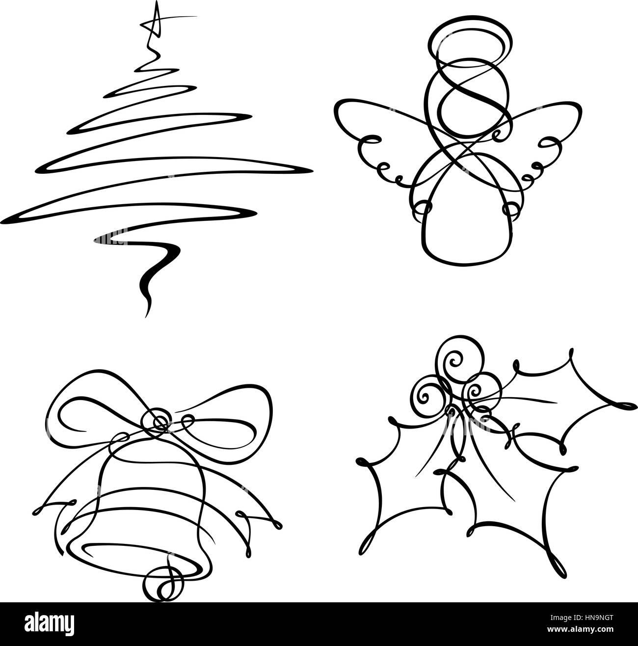 Mano-annegato line art icone. L'albero di Natale e Angelo sono state sviluppate con una singola linea la campana con due e la holly berry con tre. Illustrazione Vettoriale