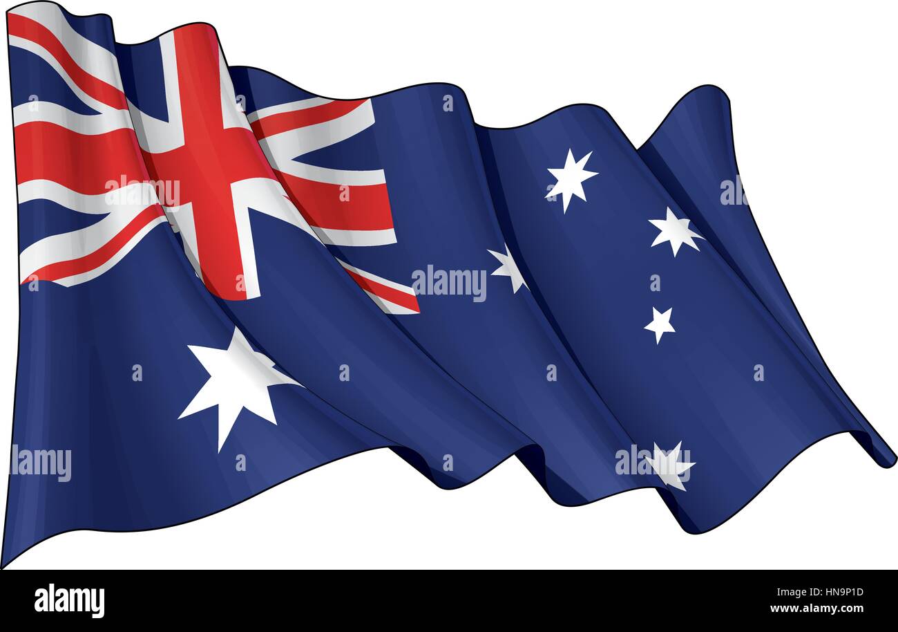 Illustrazione di una sventola bandiera australiana contro uno sfondo bianco Illustrazione Vettoriale