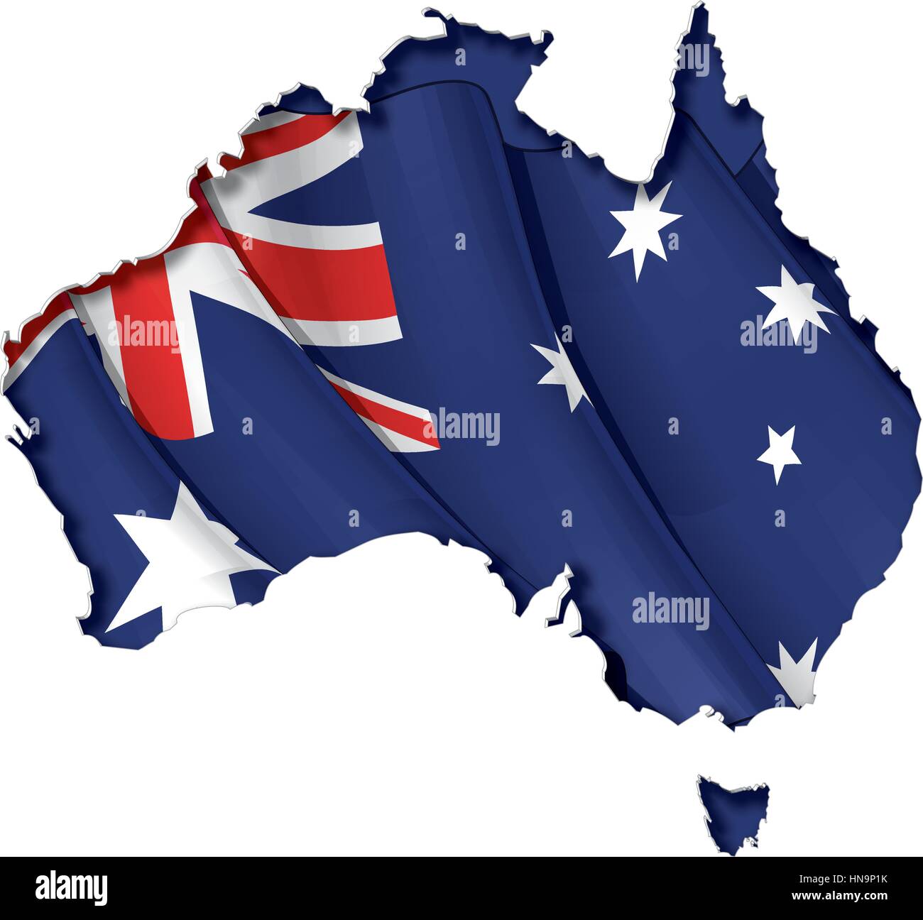Mappa australiana cut-out, altamente dettagliate sul bordo di ombreggiatura, con un sventolando bandiere al di sotto. Il Settle spessore del taglio-fuori confine segue il Illustrazione Vettoriale