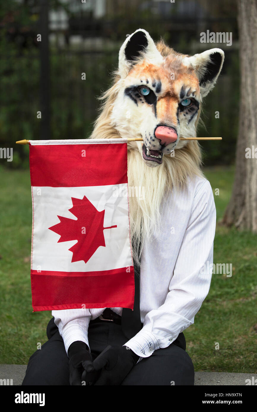Uomo che indossa una maschera animale con bandiera canadese durante il Canada Day celebrazione Foto Stock