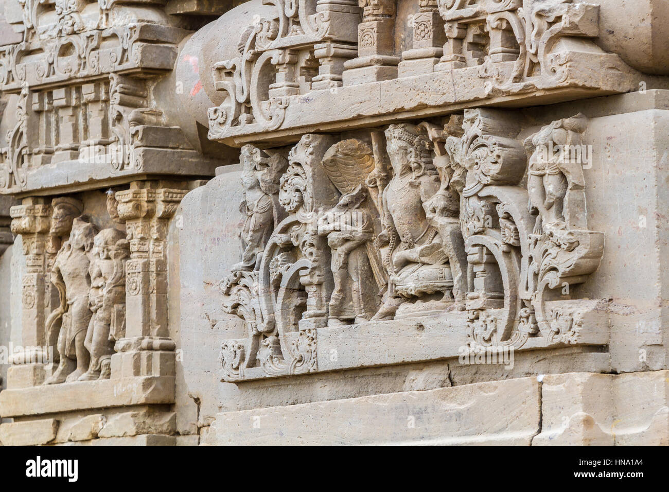 Sculture in pietra a Harshat Mata Temple di Abhaneri, Rajasthan, India. Foto Stock