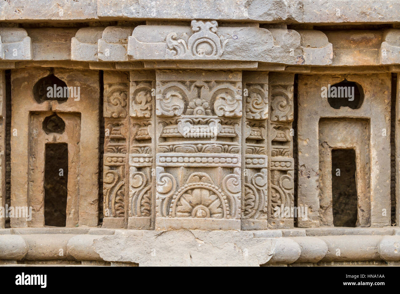Sculture in pietra a Harshat Mata Temple di Abhaneri, Rajasthan, India. Foto Stock