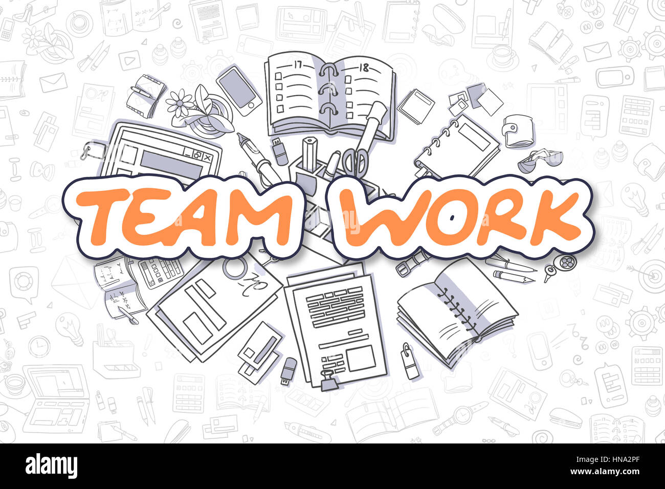 Lavoro di squadra - Doodle testo arancione. Il concetto di business. Foto Stock